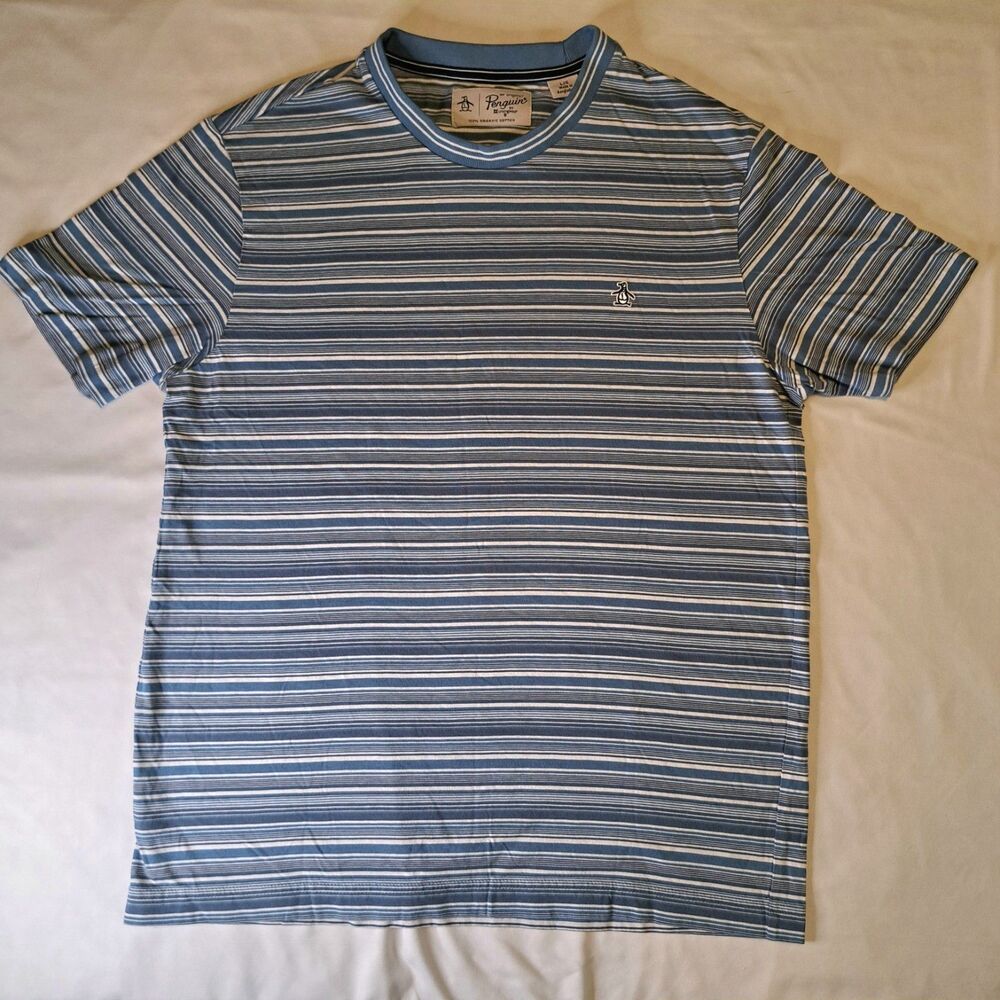 Original Penguin Men's Blue White‎ Striped Crew Neck Tee L 100% Organic Cotton